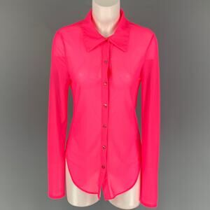 PRISCAVera Size L Pink Nylon See Through Button Up Shirt